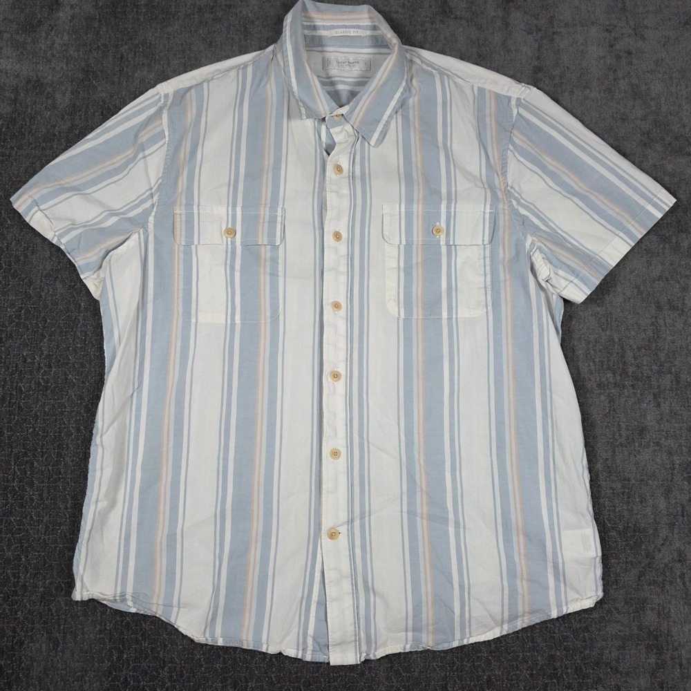 Lucky Brand Mens Large Classic Fit Striped Short Sleeve Button Up Shirt Blue L